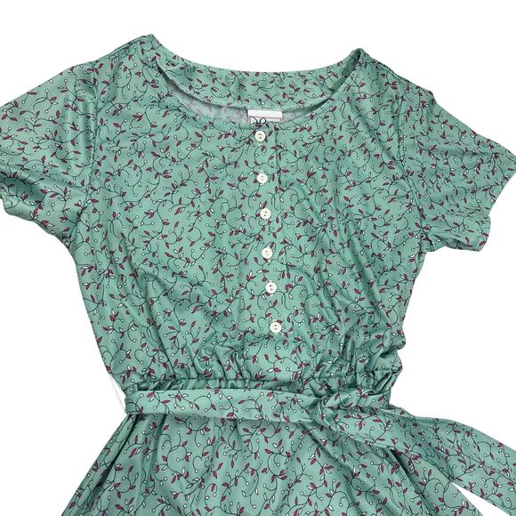 VTG Haband for Her Mint Green Floral Midi Dress, Elastic Waist and Tie, Size S - Picture 2 of 8